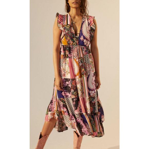 Anthropologie Dresses & Skirts - Anthropologie Ruffle Patchwork Dress Size 2 Colorful Boho Midi Short Sleeve